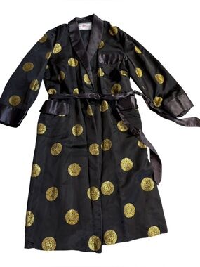 Authentic Vintage Chinese Robe Women Sz 46 Solz Squirrel Black/Gold Dots Rayon